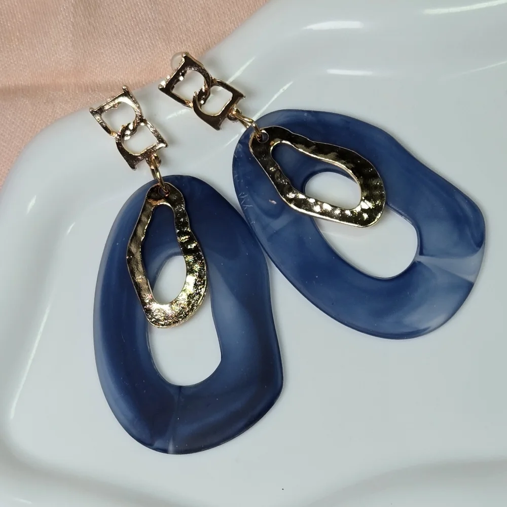 Navy Blue Geometric Acrylic Earrings Gold Abstract Statement Bold Modern Jewelry